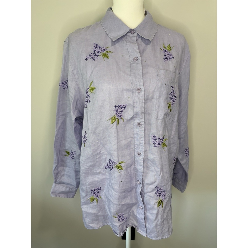 Quacker Factory Lavender‎ Lilac Embroidered Button-Up Shirt Size Large